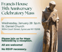 image of St Francis Praying with details about Celebratory Mass on January 28