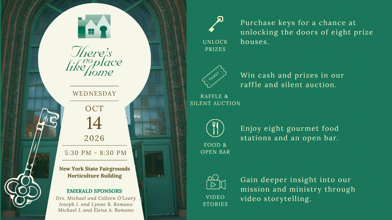 Image of New York State Fairgrounds Horticulture Building with Key and Keyhole. Invitation for Francis House There's No Place Like Home Event on October, 14, 2026 from 5:30 to 8:30 p.m.